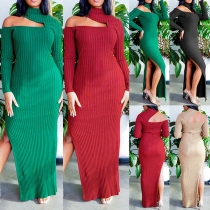 Sexy Solid Color Mock Neck Cutout Long Sleeve Slit Knitted Maxi Dress