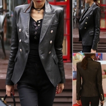 Fashion Solid Color Double Breasted Long Sleeve Lapel Artificial Leather PU Blazer
