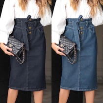 Elegant Buttoned Self-tie High Waist Denim Skirt