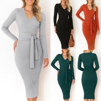 Elegant Solid Color V-neck Long Sleeve Self-tie Bodycon Knitted Midi Dress