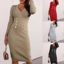 Elegant Solid Color Double-breasted V-neck Long Sleeve Bodycon Knitted Dress