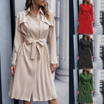 Casual Solid Color Polo Neck Long Sleeve Self-tie Pleated Dress