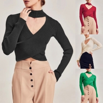 Sexy Mock Neck Long Sleeve Front Cutout Cross Knitted Top