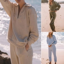 Casual Solid Color Two-piece Set Consist of V-neck Sweatshirt and Sweatpants