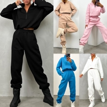 Casual Solid Color Two-piece Set Consist of V-neck Sweatshirt and Sweatpants