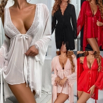 Sexy Lace Spliced Three-piece Pajamas Set Consist of Nightgown, V-neck Nightwear Dress and Briefs