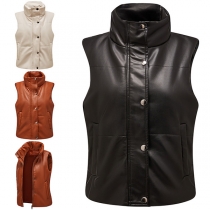 Fashion Stand Collar Artificial Leather PU Quilted Vest Jacket