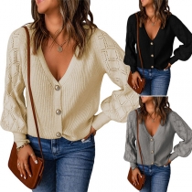 Fashion Solid Color Buttoned V-neck Knitted Cardigan