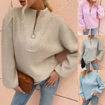 Fashion Solid Color Zipper V-neck Long Sleeve Knitted Sweater