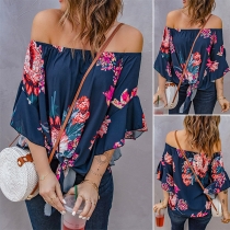 Sexy Floral Printed Off-the-shoulder Elbow Sleeve Self-tie Shirt