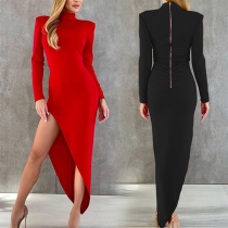 Fashion Solid Color Mock Neck Long Sleeve Irregular Hemline Bodycon Dress