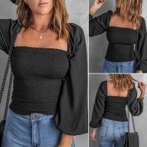 Fashion Smocked Square Neck Long Sleeve Black Shirt