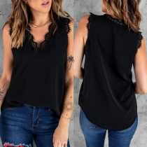 Casual Lace Spliced V-neck Sleeveless Shirt