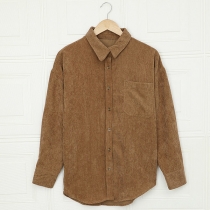 Casual Solid Color Stand Collar Long Sleeve Corduroy Blouse