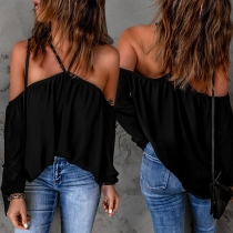 Sexy Solid Color Off-the-shoulder Halter Long Sleeve Shirt