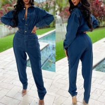 Fashion Buttoned Stand Collar Long Sleeve Denim Jumpsuit