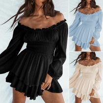 Fashion Solid Color  Ruffled Off-the-shoulder Long Sleeve Smocked Tiered Romper
