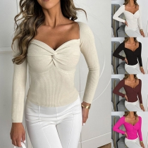 Fashion Solid Color Knik-knot V-neck Long Sleeve Knitted Shirt