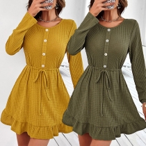 Casual Solid Color Buttoned Round Neck Long Sleeve Self-tie A-line Dress