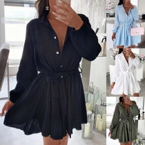 Fashion Solid Color Long Sleeve Buttoned V-neck Self-tie Mini Dress
