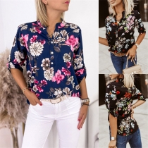 Fashion Floral Printed Buttoned V-neck Long Sleeve Shirt