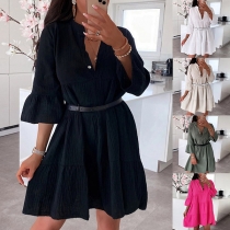 Fashion Solid Color Buttoned V-neck Elbow Sleeve Tiered Dress