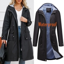 Fashion Solid Color Patch Pocket Long Sleeve Hooded Trench Coat