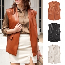 Fashion Solid Color Sleeveless Artificial Leather PU Vest