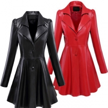 Fashion Solid Color Stand Collar Lapel Long Sleeve Artificial Leather PU  Jacket