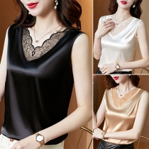 Elegant Lace Spliced V-neck Satin Sleeveless Shirt