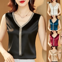 Elegant Contrast Color V-neck Tassel Satin Sleeve Shirt