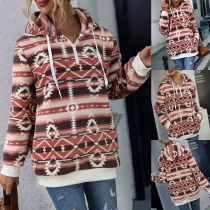 Fashion Contrast Color Christmas Geometric Pattern Print Long Sleeve Plush Hoodie Sweatshirt