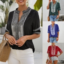 Bohemian Style Floral Embroidery Slip V-neck Elbow Sleeve Shirt