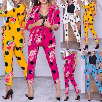 Fashion Floral Printed Two-piece Suit Set Consist of Lapel Blazer and Drawstring Pants