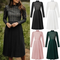 Fashion Lace Spliced Mock Neck Long Sleeve High-waist Pleated Dress