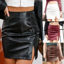 Sexy Solid Color Slit Artifical Leather Mini Skirt
