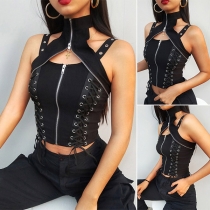 Fashion Punk Style Cutout Zipper Mock Neck Lace-up  Sleeveless Shirt