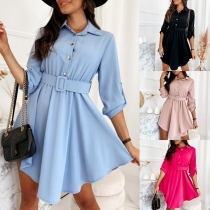 Fashion Solid Color Buttoned Polo Neck Roll-Tab Sleeve Shirt Dress with Belt