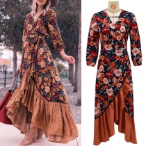 Vintage Floral Printed 3/4 Sleeve V-neck Irregular Ruffled Hemline Slit Dress
