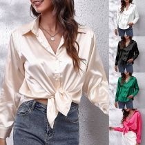 Fashion Solid Color Stand Collar Long Sleeve Buttoned Self-tie Satin  Blouse