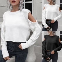Fashion Solid Color Open Shoulder Long Sleeve Knitted Crop Sweater