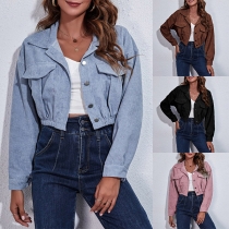 Fashion Solid Color Notch Lapel Long Sleeve Corduroy Crop Jacket