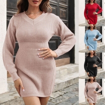 Fashion Solid Color Long Sleeve V-neck High Waist Bodycon Knitted Dress