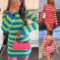 Sexy Contrast Color Wave Stripe Printed Long Sleeve Backless Bodycon Knitted Dress