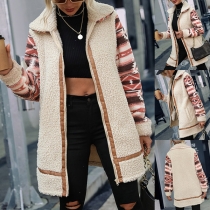 Fashion Contrast Color Geometry Printed Long Sleeve Faux Shearling Jacket