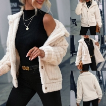 Fashion Solid Color Vertical Stripe Buttoned Lapel Plush Jacket