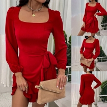 Fashion Solid Color Square Neck Puffed Long Sleeve Self-tie Ruffled Hemline Red Dress