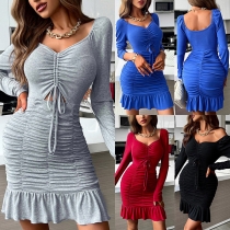 Sexy Solid Color Long Sleeve Sweetheart Neck Front Cutout Ruched Ruffled Hemline Bodycon Dress