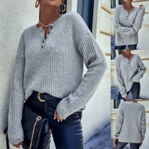 Fashion Vertical Stripe Buttoned V-neck Long Sleeve Knitted Shirt