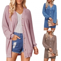 Fashion Solid Color Buttoned Long Sleeve Cardigan